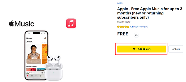 add apple music 3 months free to best buy cart