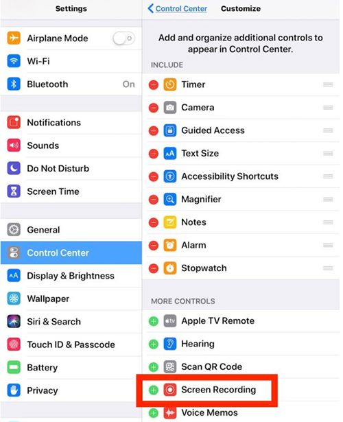 add screen recording to control center iphone