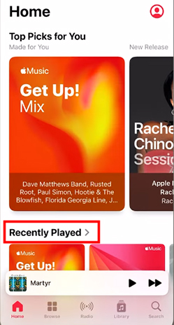 find apple music recently played