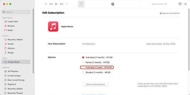 swtich to apple music annual subscription