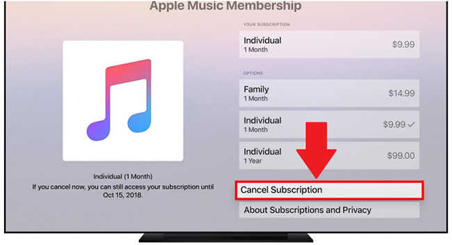 cancel apple music on apple tv