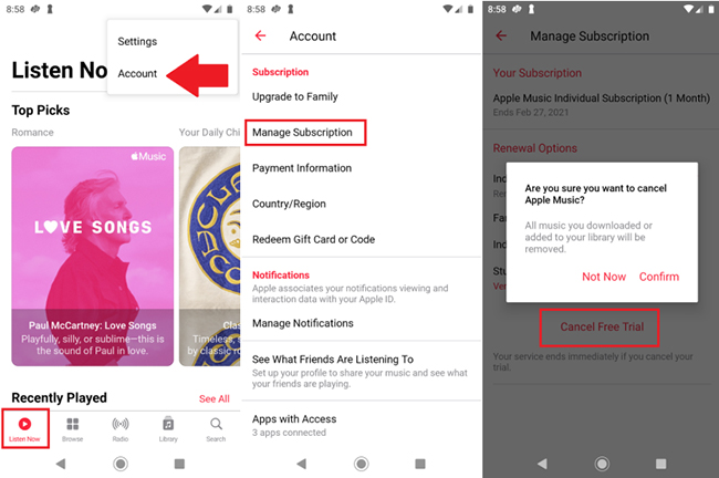 cancel apple music subscription on android