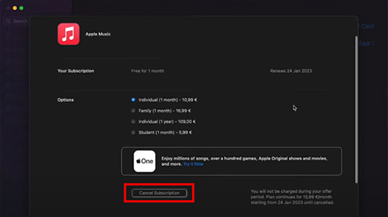 cancel apple music subscription on mac via app store