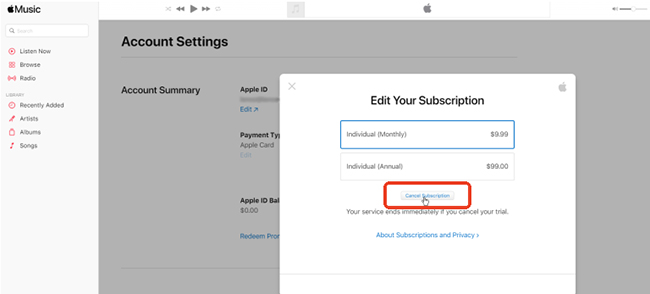 cancel apple music subscription online