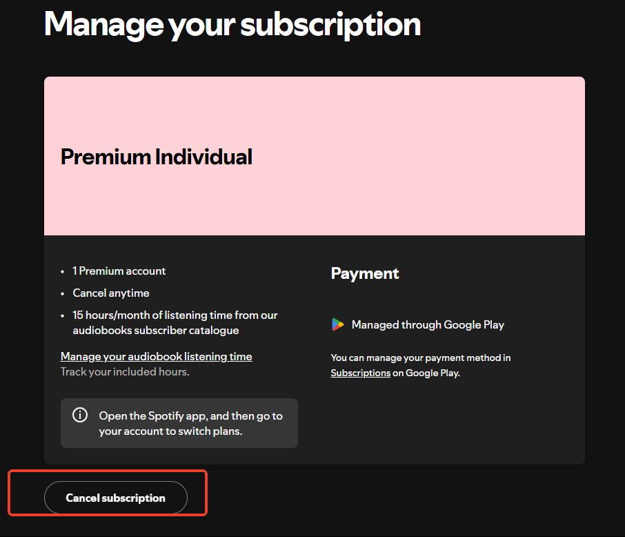 cancel spotify subscription on manage your subscription page