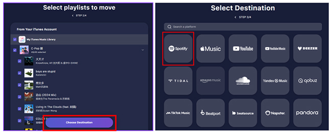 choose spotify as destination on tunemymusic