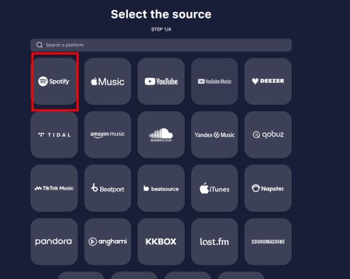 choose Spotify as source service on TuneMyMusic