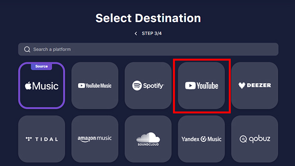 choose youtube music as destination tunemymusic