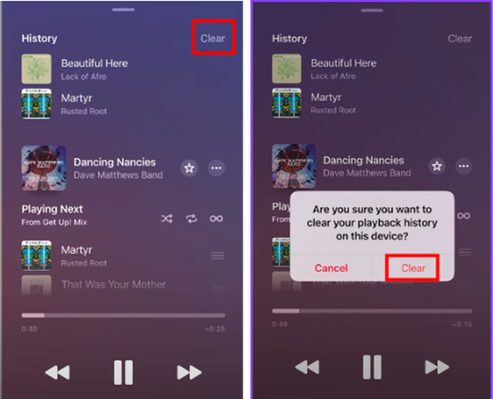 cleal apple music recently played from history