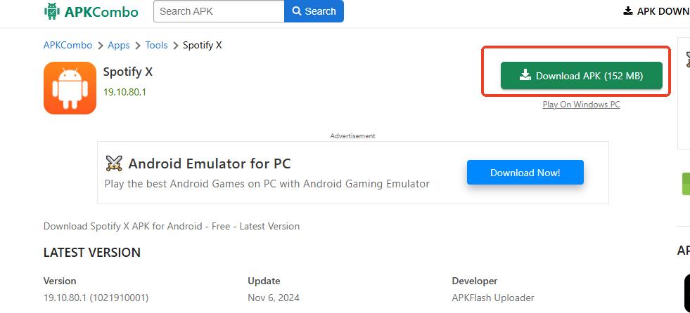 click on the download apk button to download spotify x