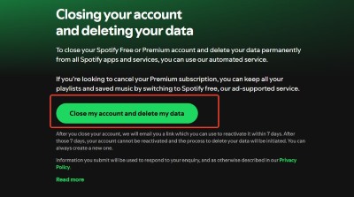 close spotify account and delete data