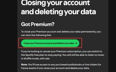 close your premium account and delete your data button under got premium section