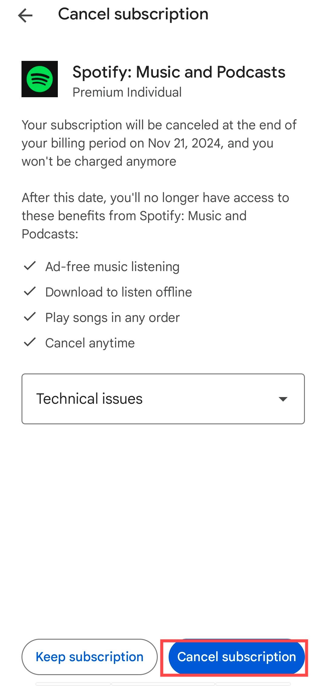 confirm cancel spotify premium in google play store