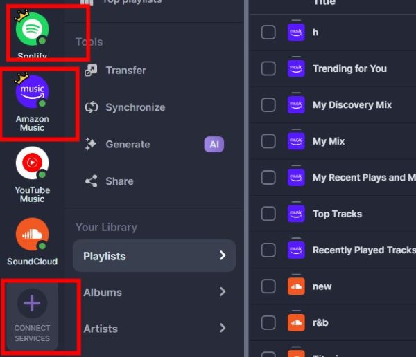 connected spotify and amazon music account on soundiiz