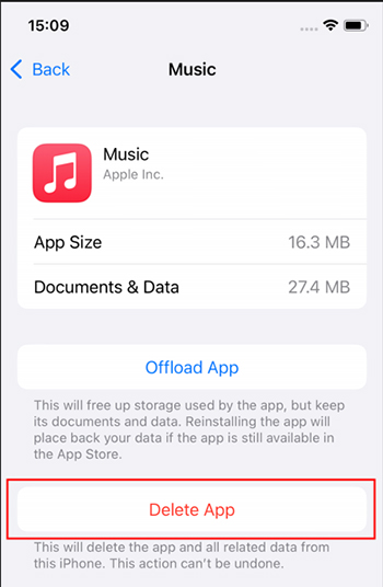 delete apple music to clear apple music cache on iphone