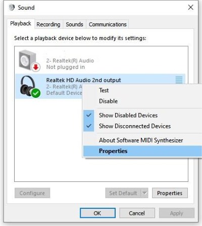 hit properties of playback device on windows