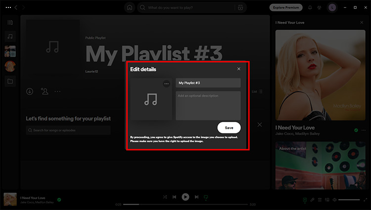 Input details for Spotify playlist on desktop