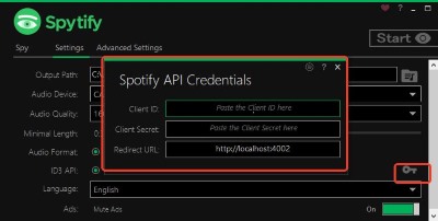 input spotify api credentials in spytify