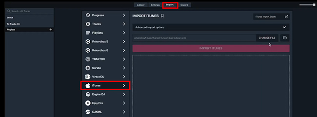 choose itunes from rekordbox import
