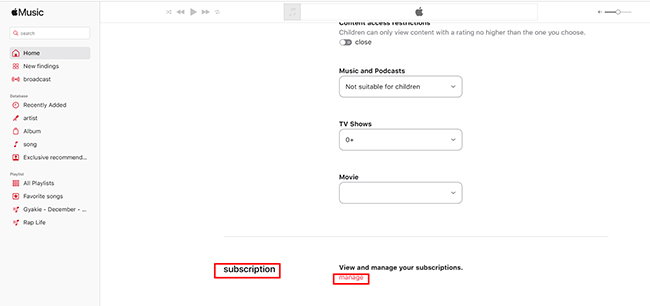 manage apple music subscription via web player