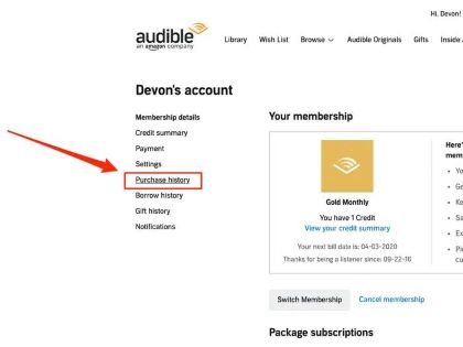 Purchase History on Audible