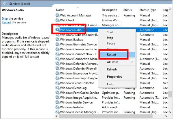 restart windows audio in windows service