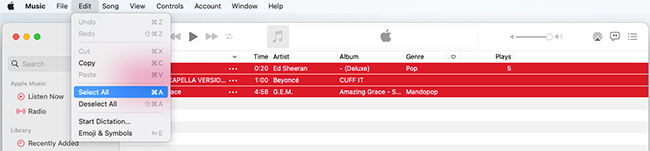 select all apple music songs on mac