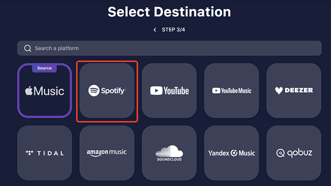 select spotify as destination source on tunemymusic