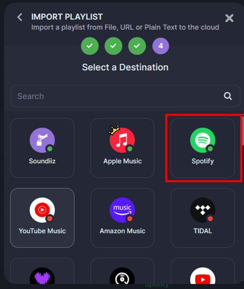 select spotify as destination source on soundiiz