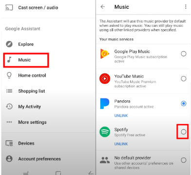 set spotify as default music service on google home