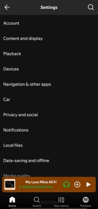 settings page of spotify app