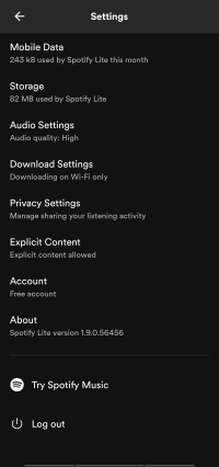 settings page of spotify lite