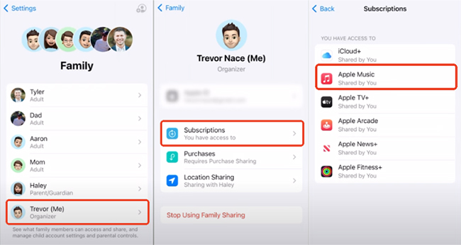 check shared apple music subscriptions family sharing