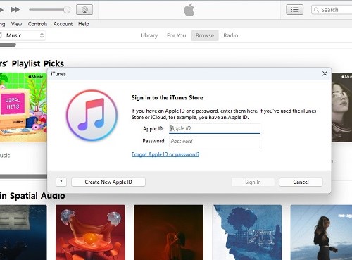 sign in itunes music on windows