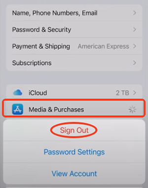 sign out apple id under media and purchases