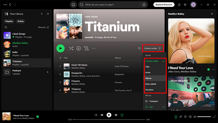 Sort and organize songs on Spotify