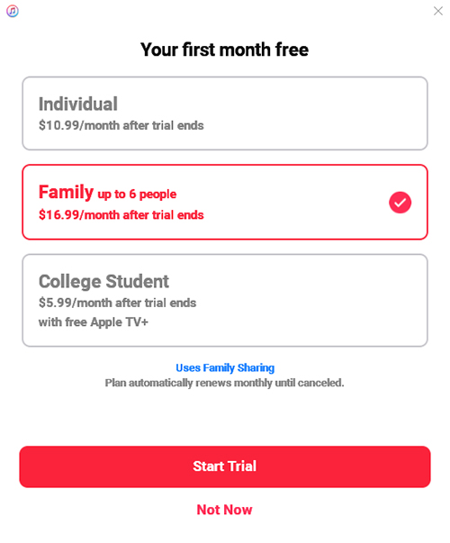 subscribe to apple music family plan pc