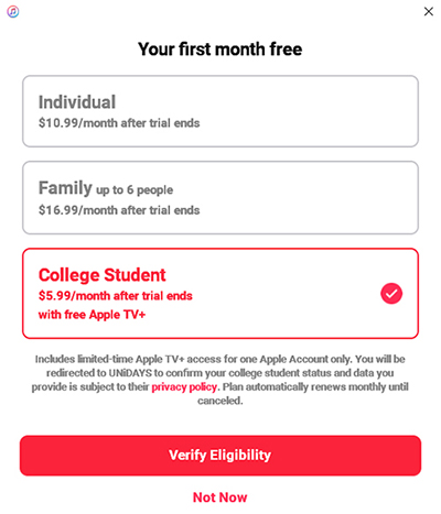 subscribe to apple music student plan pc