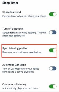 sync listening position in audible app settings