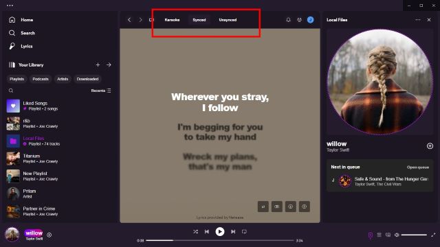 Three lyrics mode on Spicetify