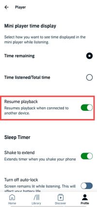 toggle off resume playback in audible