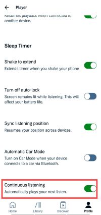 turn off continuous listening on audible