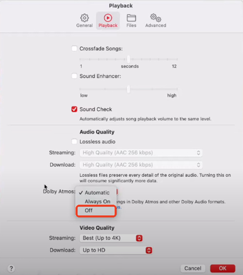 turn off dolby atmos on apple music mac