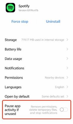 turn off pause app activity if unused for spotify